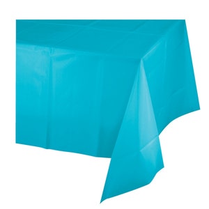 May include: A bright turquoise plastic tablecloth. This tablecloth is perfect for parties and events.