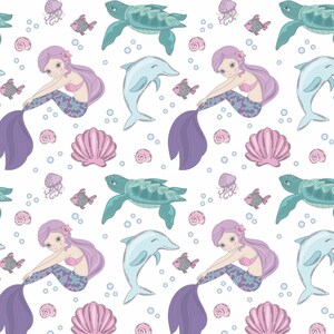 May include: A seamless pattern featuring mermaids, dolphins, sea turtles, seashells, and jellyfish. The mermaids have purple hair and tails, and the dolphins are light blue. The sea turtles are green with brown shells. The seashells are pink and white. The jellyfish are purple.