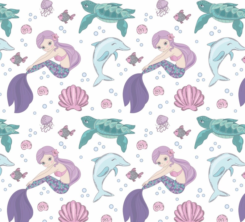May include: A seamless pattern featuring mermaids, dolphins, sea turtles, seashells, and jellyfish. The mermaids have purple hair and tails, and the dolphins are light blue. The sea turtles are green with brown shells. The seashells are pink and white. The jellyfish are purple.