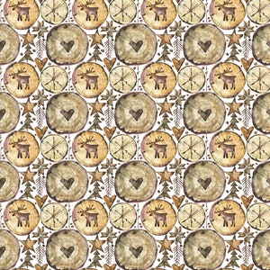 Op de afbeelding: Een naadloos patroon met aquarel illustraties van boomschijven, harten, sterren en rendieren. Het patroon is in tinten bruin, beige en wit.