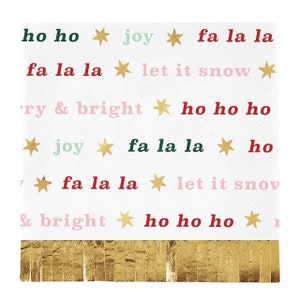 Servetten Merry & Bright - Fa La La, Let it Snow, Feestservetten met franje, kerstservetten, roze kerstfeest, cocktailservetten