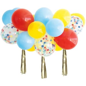 Rainbow Confetti Balloon Cloud Kit – 15ct Red, Yellow, Blue Balloons with Gold Foil Tassels for Birthday or Carnival Theme