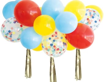 Rainbow Confetti Balloon Cloud Kit – 15ct Red, Yellow, Blue Balloons with Gold Foil Tassels for Birthday or Carnival Theme