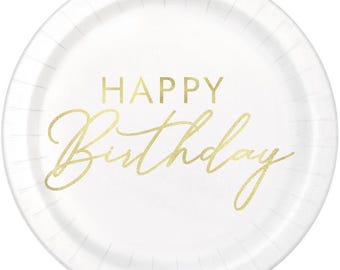 Happy Birthday Cake Plates, White Gold Foil Dessert Plates, 7 Inch Paper Birthday Plates, Elegant Birthday Party Decor, 8ct
