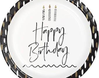 Black and Gold Happy Birthday Plates 8ct – 9" Paper Plates for Adult or Teen Birthday Party, Modern Party Tableware, Paper Dinner Plates