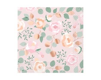 Rose Gold Floral Napkins - Floral Bridal Shower, Rose Gold Birthday Party, Floral Party Supplies, Floral Birthday, Garden Tea Party Napkins