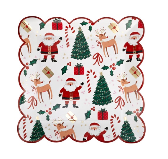 Santa & Reindeer Christmas Plates - Large Paper Dinner Plates, Holiday Paper Plates, Santa Party Decorations, Kids Christmas Table Decor