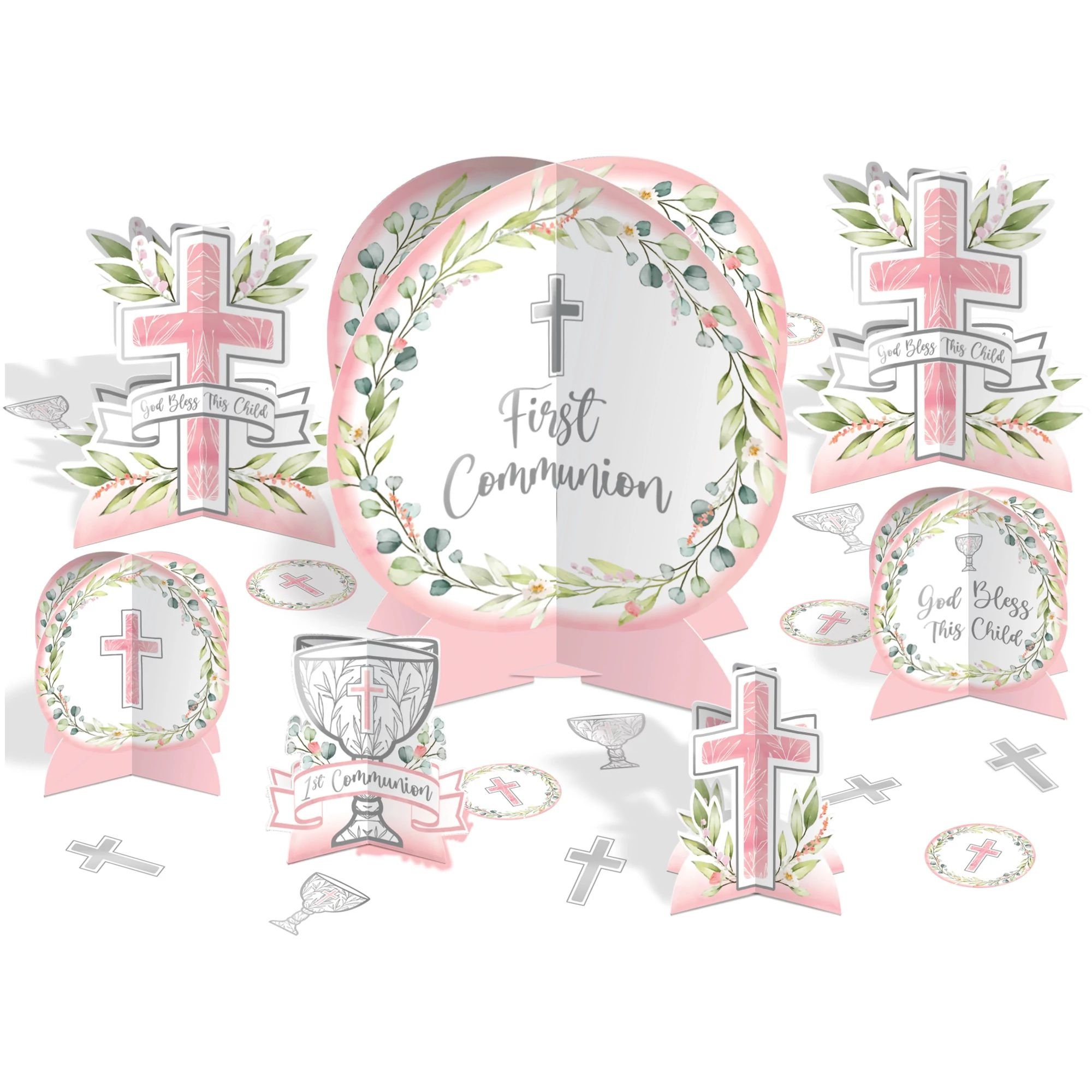 Pink 1st Communion Centerpiece - Girl First Communion, Religious Party Decorations, Communion Party Supplies, First Communion Table Decor