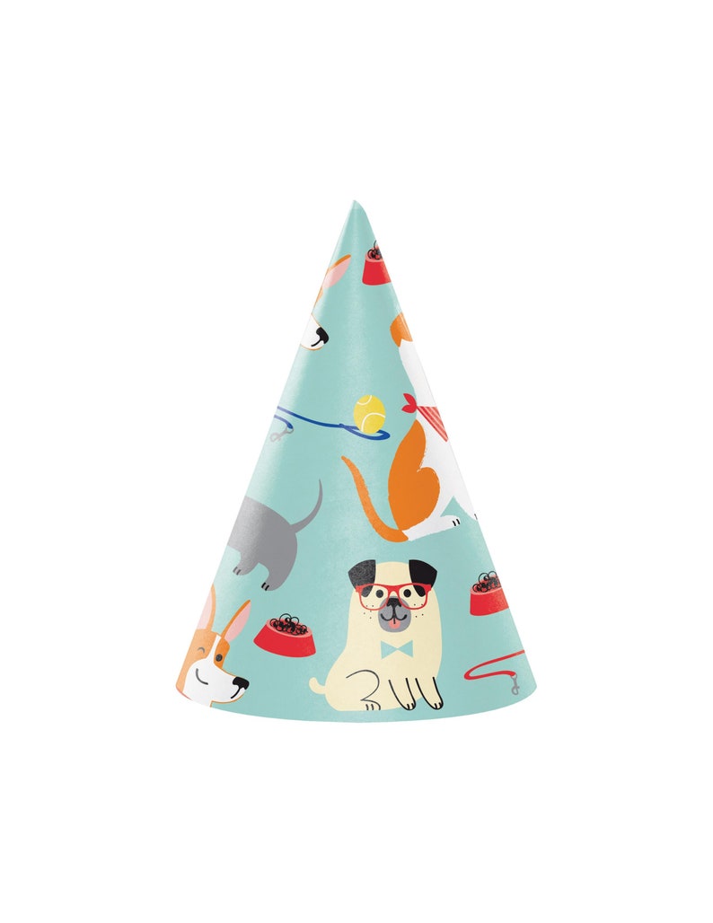 May include: A blue and white party hat with a pattern of dogs, dog bowls, and dog toys. The hat is cone-shaped and has a pointed top.