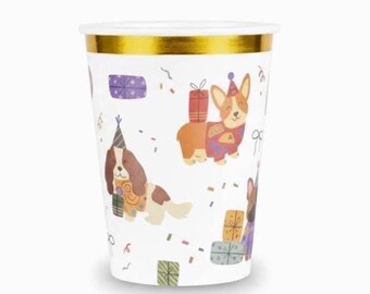 Papieren verjaardagsbekers hond 9 oz 8 kt, drinkbekers puppyfeestje, wegwerpservies hondenthema, bekers goudfolie