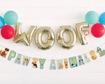 May include: Gold foil letter balloons spelling "WOOF" with a colorful banner that reads "PAWTY ANIMALS".