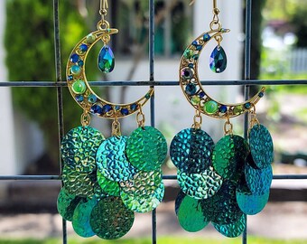 Crescent Moon Chandelier Earrings, Metallic Green Sparkling Sequins