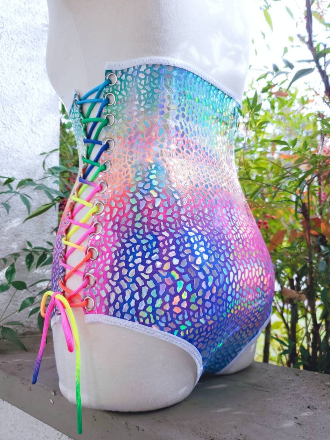 High Waist Rainbow Rave Bottoms Cheeky Holographic Dentelle Up Etsy