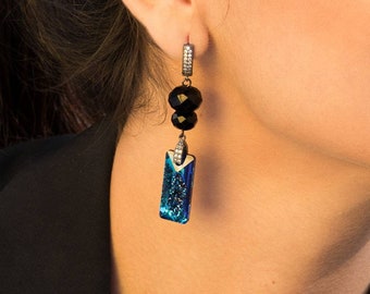 Blue Chandelier earrings, Black Swarovski Earrings, Blue statement earrings, Blue evening earrings