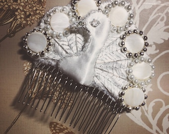 Peacock Bridal Hair Comb Accessory - Hand Embroidered White Satin with Silver Cream Ivory Pearl Beading and Shell Beads