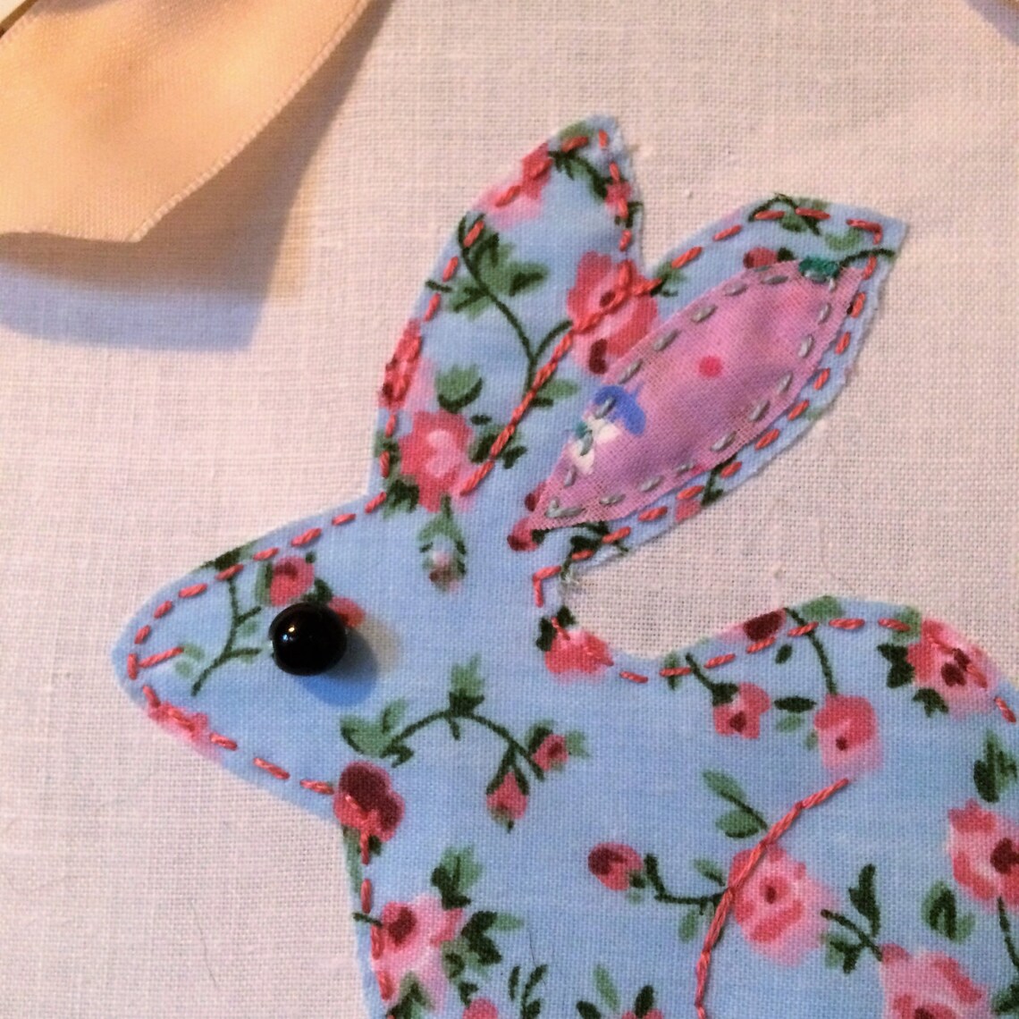 Rabbit Hand Embroidered on Vintage Style Fabric in Wood - Etsy UK