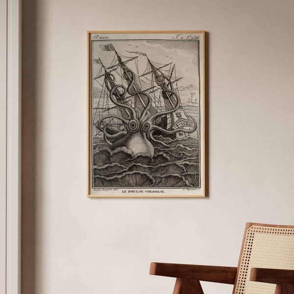 Le Poulpe Colossal | Vintage Fine Art Print, Poster, Kraken Reproduction Oil Painting, Giant Squid Home Decor, Octopus Wall Art, Picture