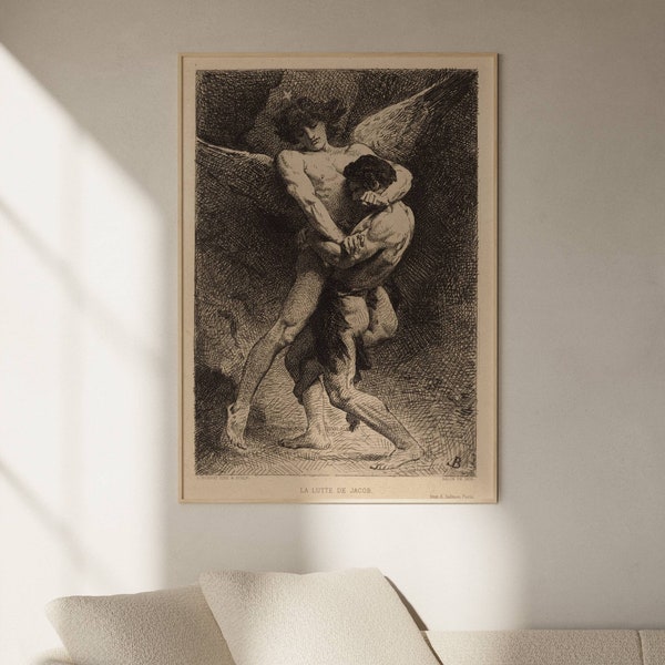 Léon Bonnat Jacob Wrestling with the Angel | Antique Etching Print, Vintage Drypoint Etching Wall Art, Poster, Artwork, Picture, Home Decor