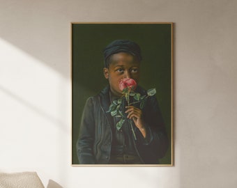 Bellezza americana / Giovane ragazzo che sente l'odore di una rosa / Ritratto di ragazzo afroamericano, immagine artistica di poster da parete con stampa vintage