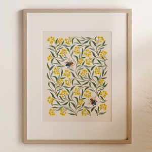 WATTLE & BEES | Giclee Art Print | Wall Art | Australian | Botanical | Floral Print | Blue Banded Bee