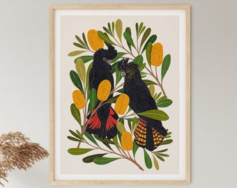 Impresión de Arte, Australiano, Botánico, Estampado Floral, Estampado de Aves, CACATÚAS Y BANKSIA