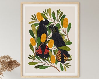 May include: A digital illustration of two black cockatoos with red and yellow accents perched on a branch with yellow flowers. The birds are surrounded by green leaves.