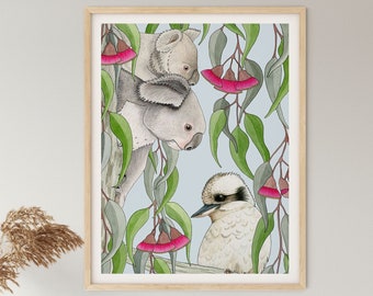 GUM TREE GANG | Bird Print | Koala | Giclee Art Print | Home Decor | Wall Art | Australian | Botanical | Floral Print