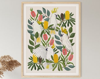 Art Print, Australian, Botanical, Native, Floral, Bird Print, Cockatoo, AUSSIE SQUAWKERS