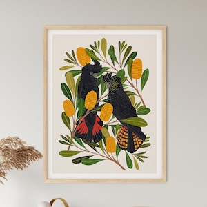 KOCKATUES UND Banksia | Vogel Druck | Giclee Kunstdruck | Wohnkultur | Wandkunst | australisch | Botanische | Blumendruck