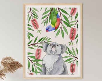 Art Print, Australian, Native, Koala, Birds, Gum Leaves, Botanical, Watercolor Bird Print, OUTBACK ANTICS