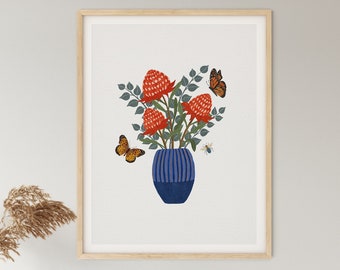 Art Print, Australiana, Botánica, Estampado Floral, Waratah, Jarrón, Flor Silvestre, WARATAHS EN JARRÓN