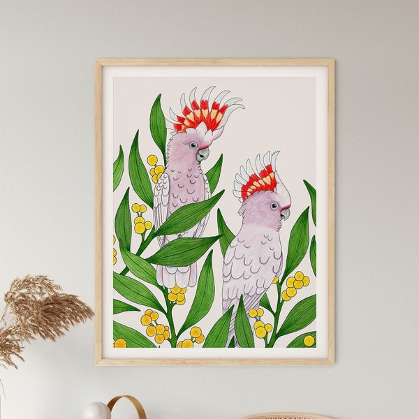 Art Print, Australian, Native, Birds, Gum Leaves, Botanical, Watercolor Bird Print, MAJOR MITCHELL'S COCKATOO