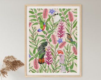 Art Print, Australian, Native, Birds, Gum Leaves, Botanical, Watercolor Bird Print, NATIVE BIRDSONG