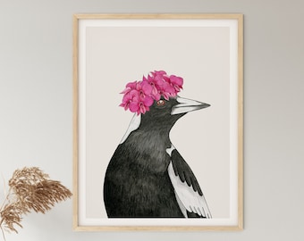 Art Print, Australiana, Nativo, Aves, Acuarela Impresión De Pájaros, Corona De Flores, Orquídea Cooktown, MR MAGPIE