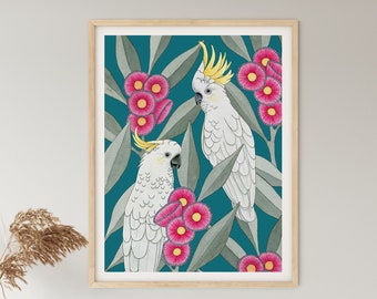 SILVER GUM COCKATOOS | Bird Print | Giclee Art Print | Home Decor | Wall Art | Australian | Botanical | Floral Print