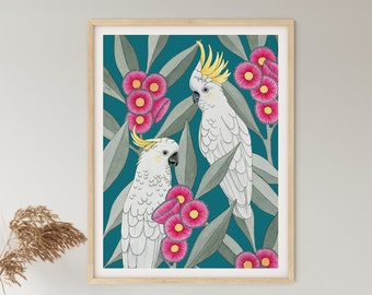 Art Print, Australiano, Nativo, Aves, Hojas de goma, Botánico, Acuarela Bird Print, SILVER GUM COCKATOOS