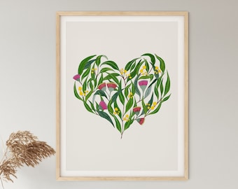 Art Print, Australian, Native, Gum Leaves, Botanical, Wattle, Watercolor, LET LOVE GROW