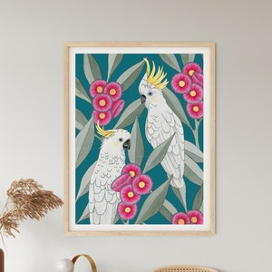 SILVER GUM COCKATOOS | Bird Print | Giclee Art Print | Home Decor | Wall Art | Australian | Botanical | Floral Print