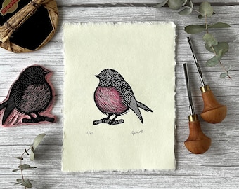 Nature Print, Australia, Bird Print, Linocut, Printmaking, Carving, Native, PINK ROBIN