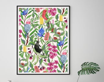 Art Print, Australian, Native, Birds, Gum Leaves, Botanical, Watercolor Bird Print, NATIVE TANGO