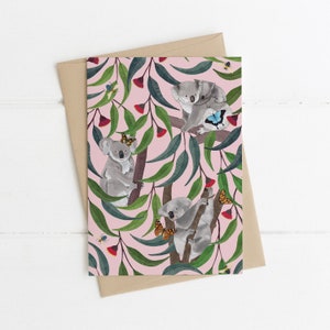 Grußkarte, Botanik, Illustriert, Australien, Floral, Koala, Eukalyptus, KOALA PLAYGROUND