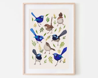 Art Print, Fairywren, Australian, Botanical, Native, Floral, Bird Print, FAIRY WONDERLAND