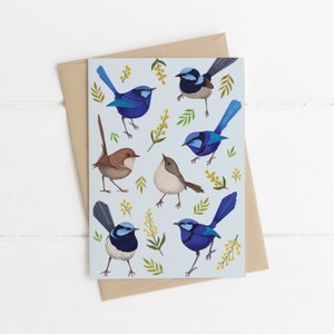 Grußkarte, botanisch, illustriert, australisch, Floral, Vogel, Zaunkönig, FAIRY WONDERLAND