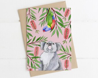 Greeting Card, Botanical, Illustrated, Australian, Floral, Bird, Koala, OUTBACK ANTICS