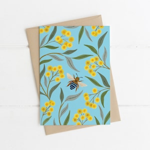 Grußkarte, botanisch, illustriert, australisch, Floral, Wattle, WATTLE & BEE