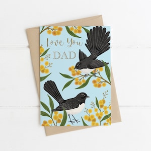 Cartão de felicitações, botânico, ilustrado, australiano, floral, acácia, pássaro, DIA DOS PAIS Willy Wagtails