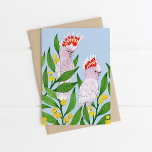 Carte de vœux, Botanique, Illustré, Australien, Floral, Oiseau, Cacatoès, PERCHE DU MAJOR MITCHELL