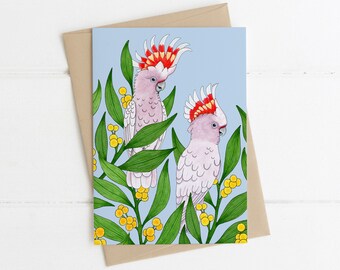 Greeting Card, Botanical, Illustrated, Australian, Floral, Bird, Cockatoo, MAJOR MITCHELL'S PERCH