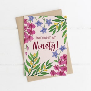 Carte de voeux, botanique, illustré, australien, floral, jalon, anniversaire, 90 ans, quatre-vingt-dix