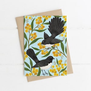 Biglietto d'auguri, Botanico, Illustrato, Australiano, Floreale, Uccello, Mimosa, WILLY WAGTAIL
